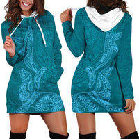 Hawaiian Monk Seal and Whale Hoodie Dress Kakau Tribal Pattern Teal Color LT03 - Polynesian Pride