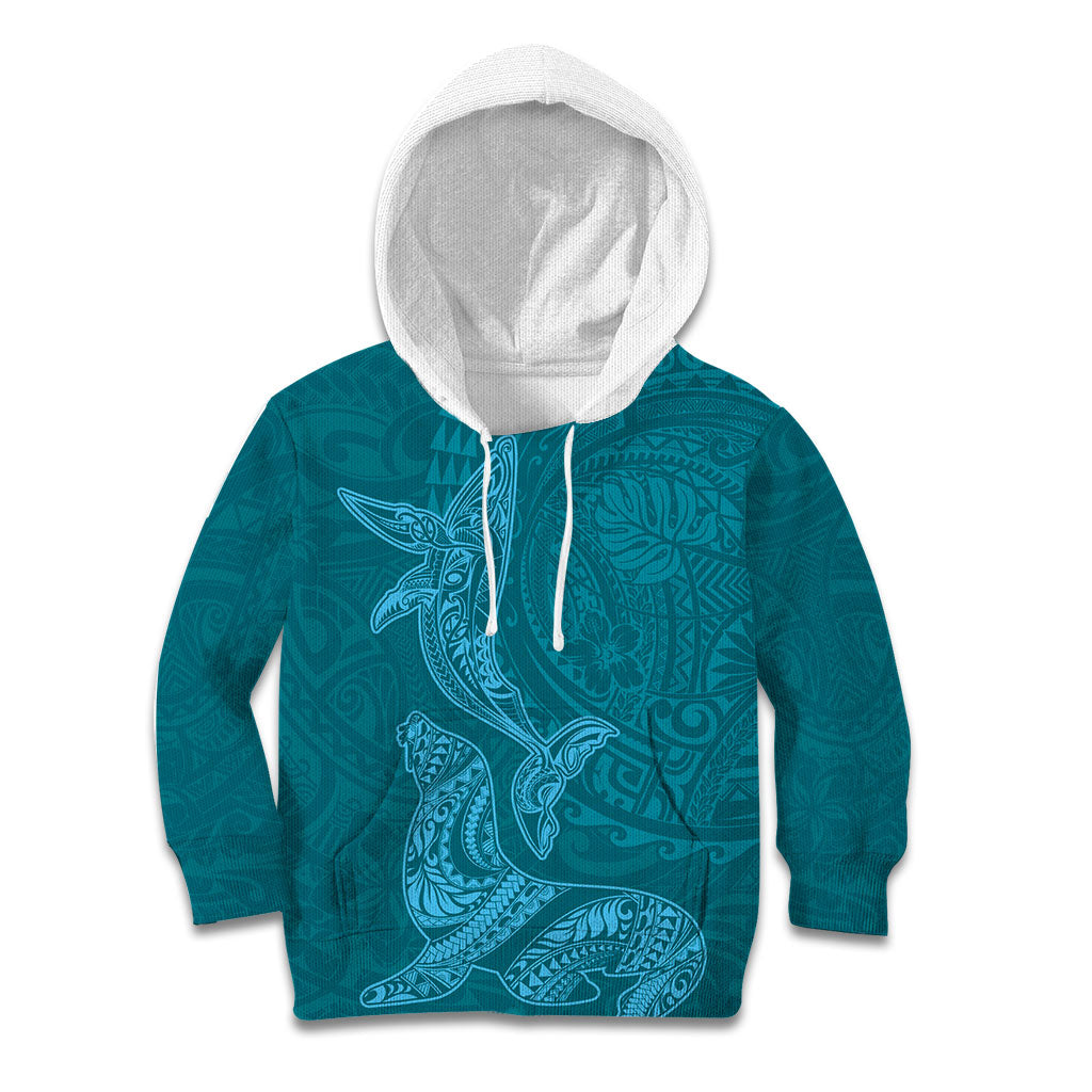 Hawaiian Monk Seal and Whale Kid Hoodie Kakau Tribal Pattern Teal Color LT03 Hoodie Teal - Polynesian Pride