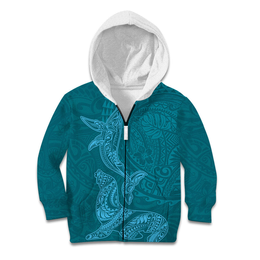 Hawaiian Monk Seal and Whale Kid Hoodie Kakau Tribal Pattern Teal Color LT03 Zip Hoodie Teal - Polynesian Pride