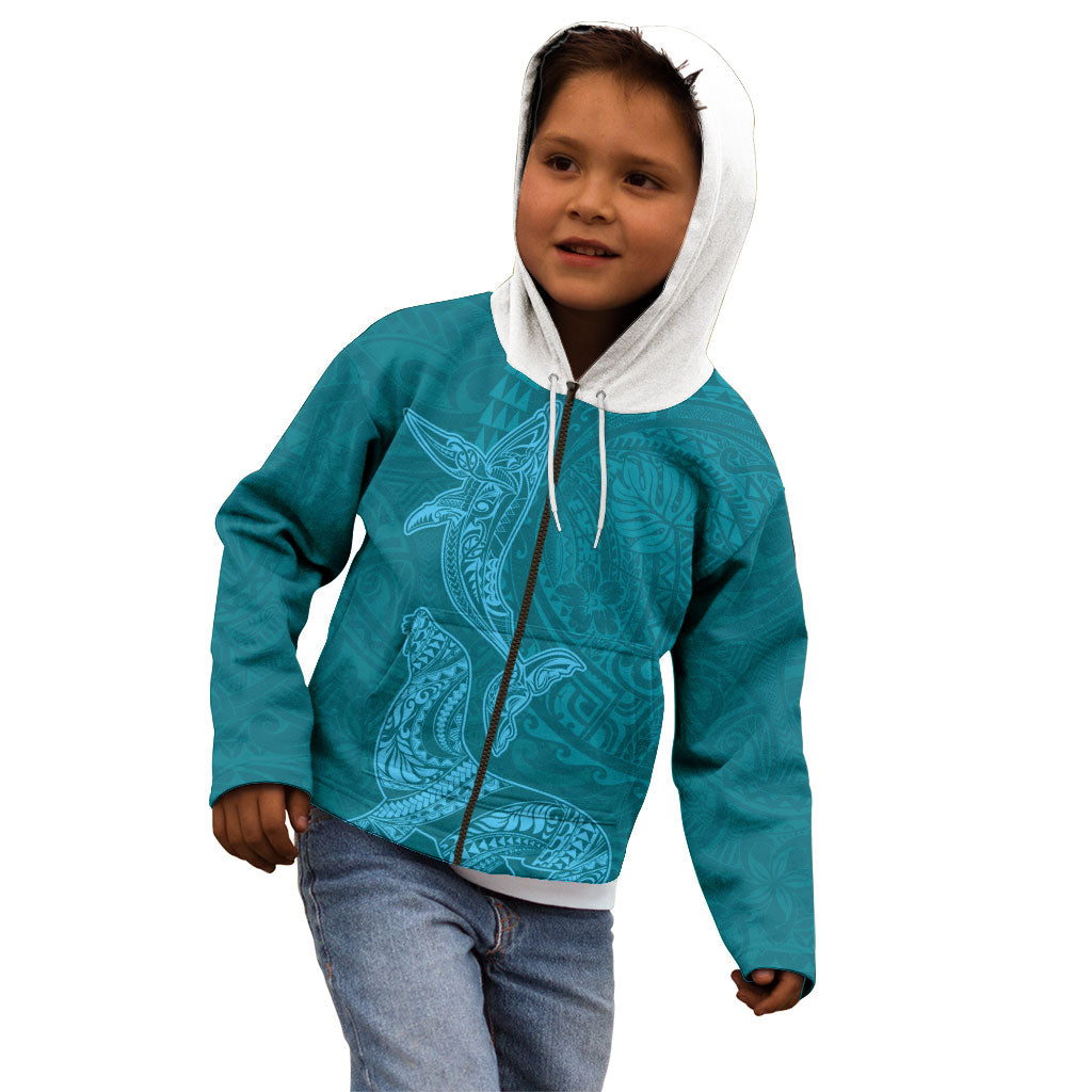 Hawaiian Monk Seal and Whale Kid Hoodie Kakau Tribal Pattern Teal Color LT03 - Polynesian Pride