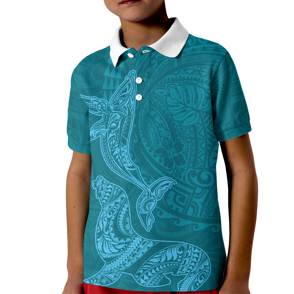 Hawaiian Monk Seal and Whale Kid Polo Shirt Kakau Tribal Pattern Teal Color LT03 Kid Teal - Polynesian Pride