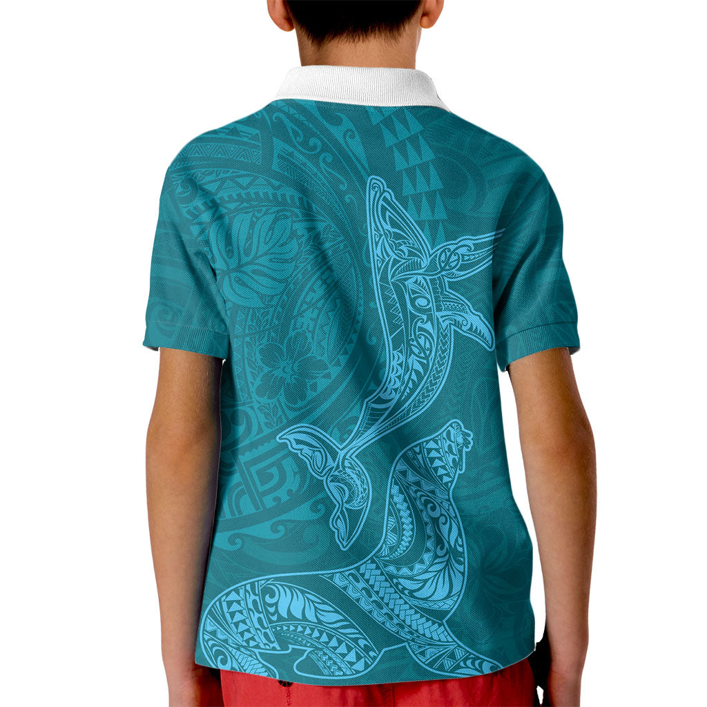 Hawaiian Monk Seal and Whale Kid Polo Shirt Kakau Tribal Pattern Teal Color LT03 - Polynesian Pride