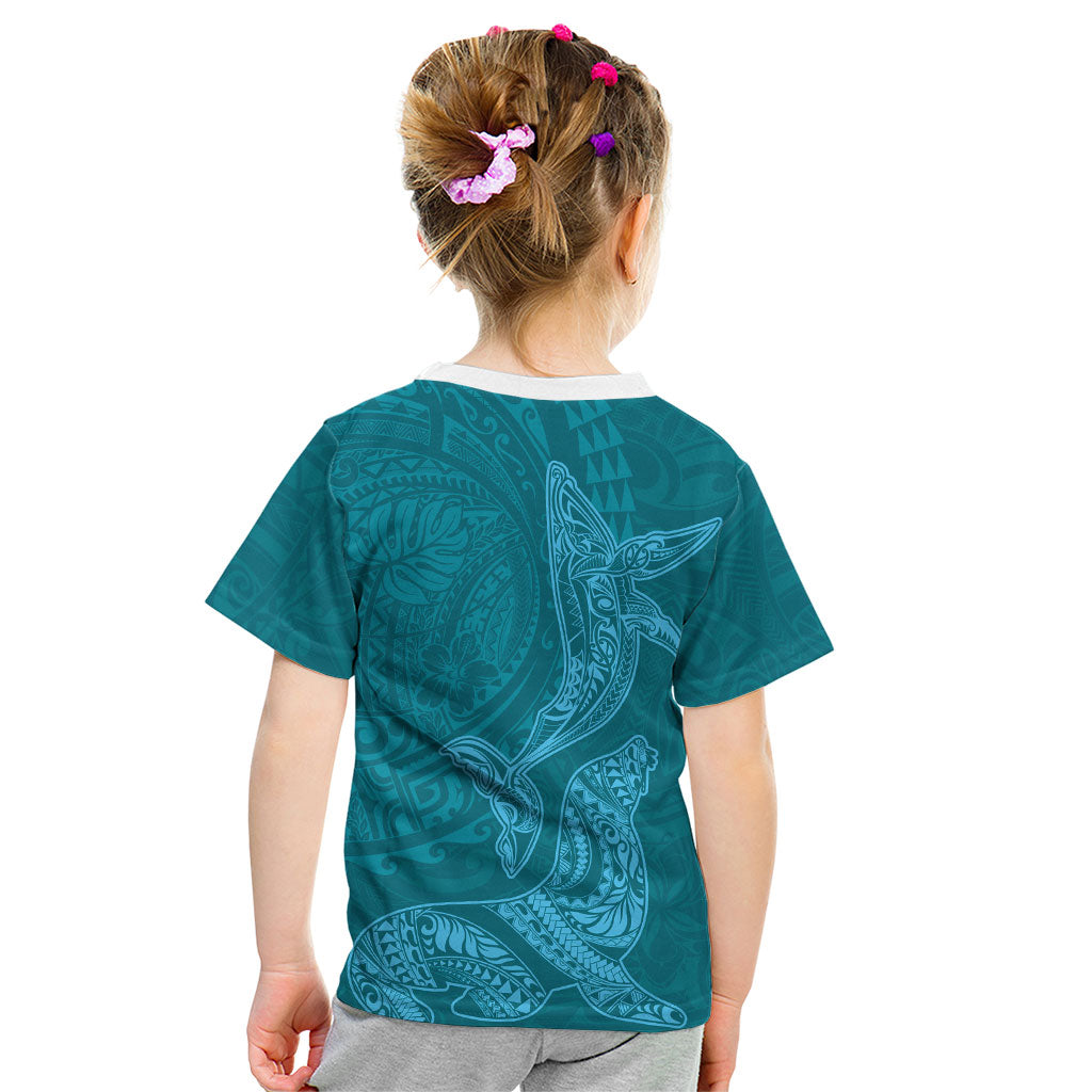 Hawaiian Monk Seal and Whale Kid T Shirt Kakau Tribal Pattern Teal Color LT03 - Polynesian Pride
