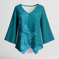 Hawaiian Monk Seal and Whale Kimono Sleeve Blouse Kakau Tribal Pattern Teal Color LT03 Female Teal - Polynesian Pride