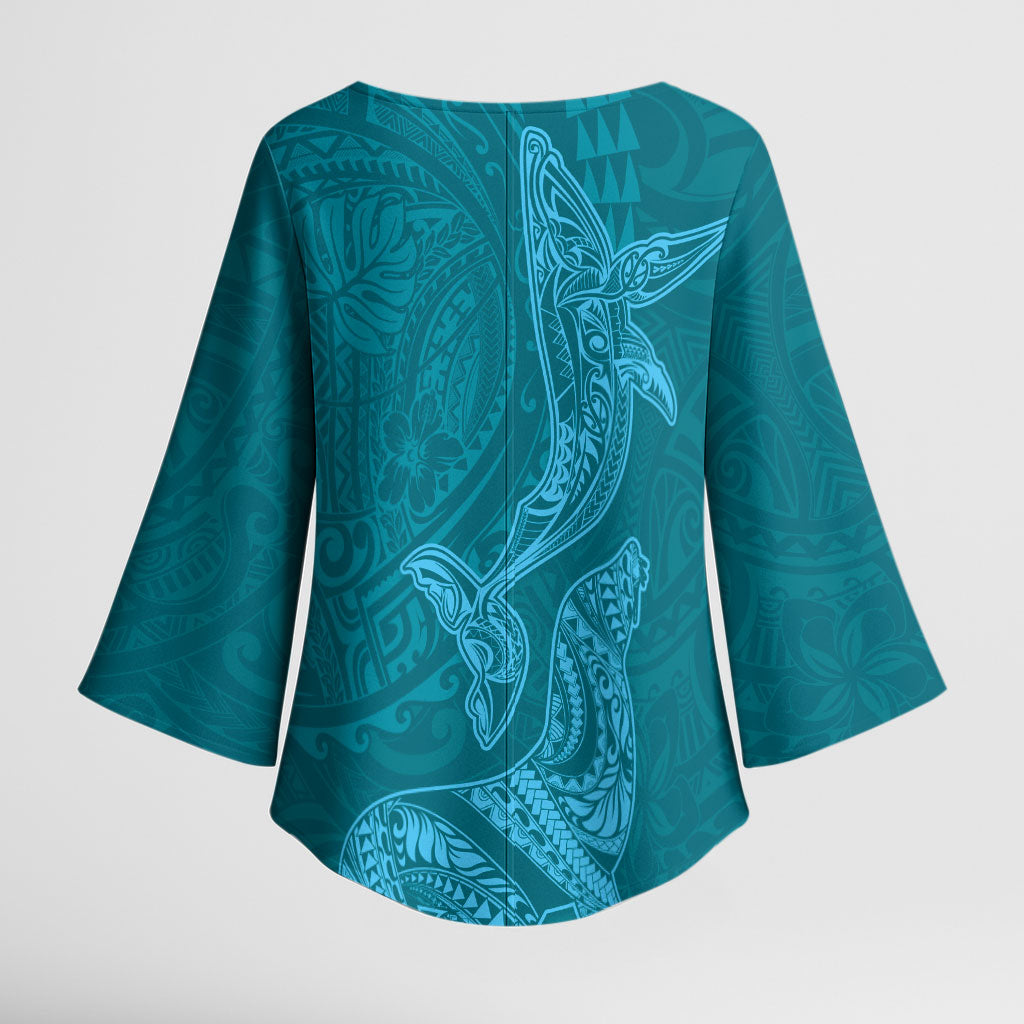 Hawaiian Monk Seal and Whale Kimono Sleeve Blouse Kakau Tribal Pattern Teal Color LT03 - Polynesian Pride
