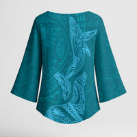 Hawaiian Monk Seal and Whale Kimono Sleeve Blouse Kakau Tribal Pattern Teal Color LT03 - Polynesian Pride
