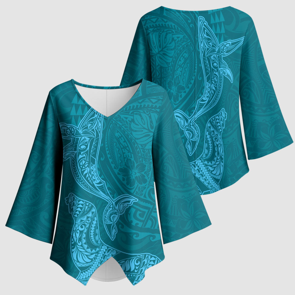 Hawaiian Monk Seal and Whale Kimono Sleeve Blouse Kakau Tribal Pattern Teal Color LT03 - Polynesian Pride