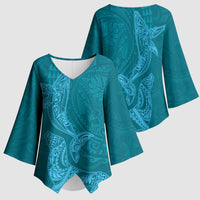 Hawaiian Monk Seal and Whale Kimono Sleeve Blouse Kakau Tribal Pattern Teal Color LT03 - Polynesian Pride