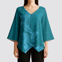 Hawaiian Monk Seal and Whale Kimono Sleeve Blouse Kakau Tribal Pattern Teal Color LT03 - Polynesian Pride