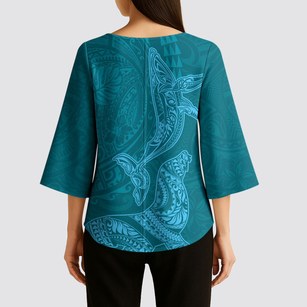 Hawaiian Monk Seal and Whale Kimono Sleeve Blouse Kakau Tribal Pattern Teal Color LT03 - Polynesian Pride