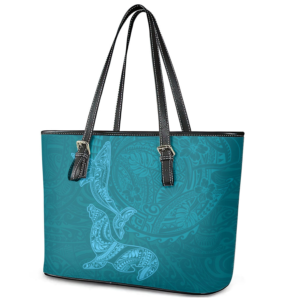 Hawaiian Monk Seal and Whale Leather Tote Bag Kakau Tribal Pattern Teal Color LT03 - Polynesian Pride
