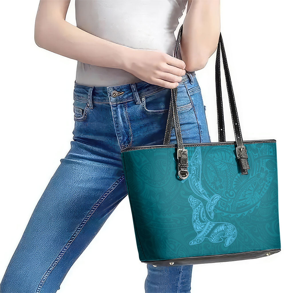 Hawaiian Monk Seal and Whale Leather Tote Bag Kakau Tribal Pattern Teal Color LT03 - Polynesian Pride
