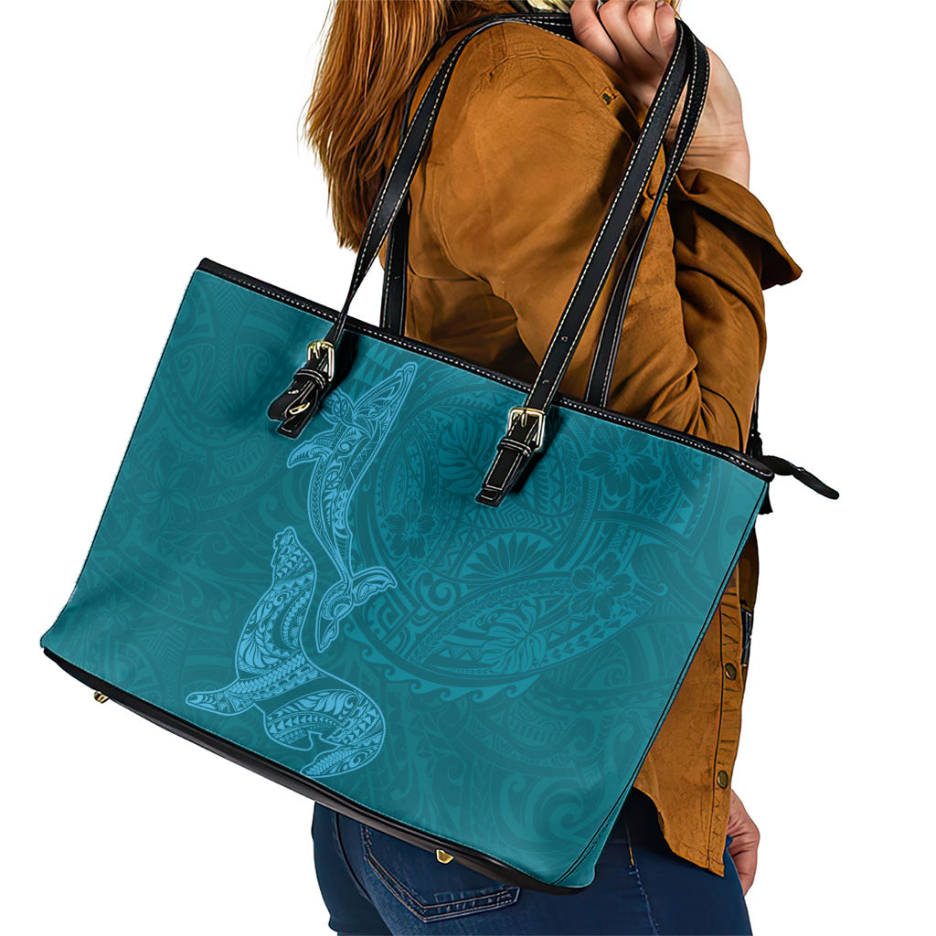 Hawaiian Monk Seal and Whale Leather Tote Bag Kakau Tribal Pattern Teal Color LT03 - Polynesian Pride