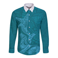 Hawaiian Monk Seal and Whale Long Sleeve Button Shirt Kakau Tribal Pattern Teal Color LT03 Unisex Teal - Polynesian Pride