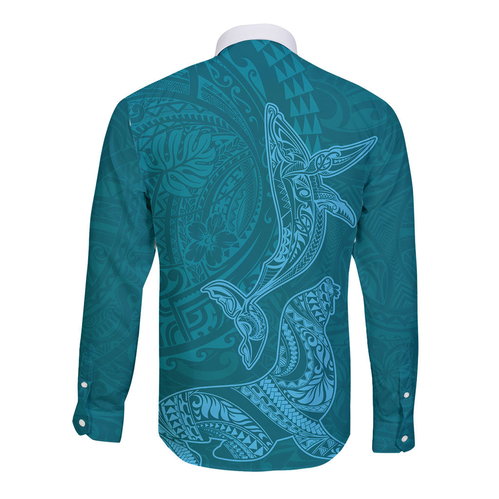 Hawaiian Monk Seal and Whale Long Sleeve Button Shirt Kakau Tribal Pattern Teal Color LT03 - Polynesian Pride
