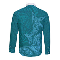 Hawaiian Monk Seal and Whale Long Sleeve Button Shirt Kakau Tribal Pattern Teal Color LT03 - Polynesian Pride