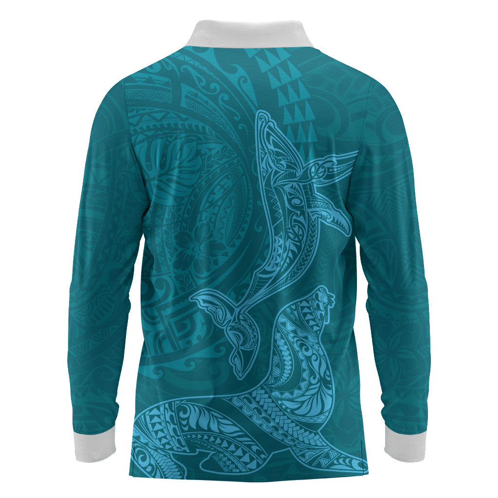 Hawaiian Monk Seal and Whale Long Sleeve Polo Shirt Kakau Tribal Pattern Teal Color LT03 - Polynesian Pride