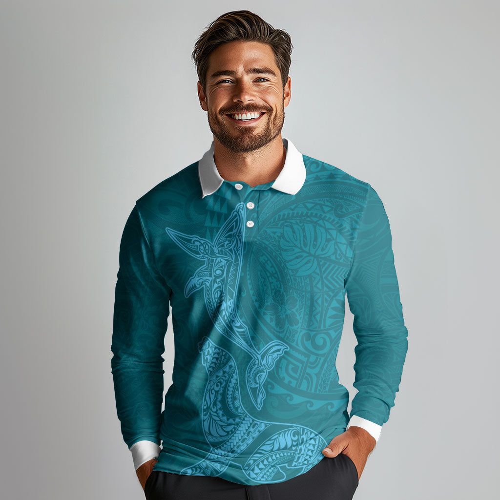 Hawaiian Monk Seal and Whale Long Sleeve Polo Shirt Kakau Tribal Pattern Teal Color LT03 - Polynesian Pride