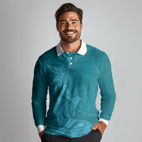 Hawaiian Monk Seal and Whale Long Sleeve Polo Shirt Kakau Tribal Pattern Teal Color LT03 - Polynesian Pride