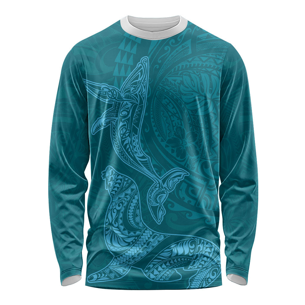 Hawaiian Monk Seal and Whale Long Sleeve Shirt Kakau Tribal Pattern Teal Color LT03 Unisex Teal - Polynesian Pride