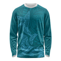 Hawaiian Monk Seal and Whale Long Sleeve Shirt Kakau Tribal Pattern Teal Color LT03 Unisex Teal - Polynesian Pride