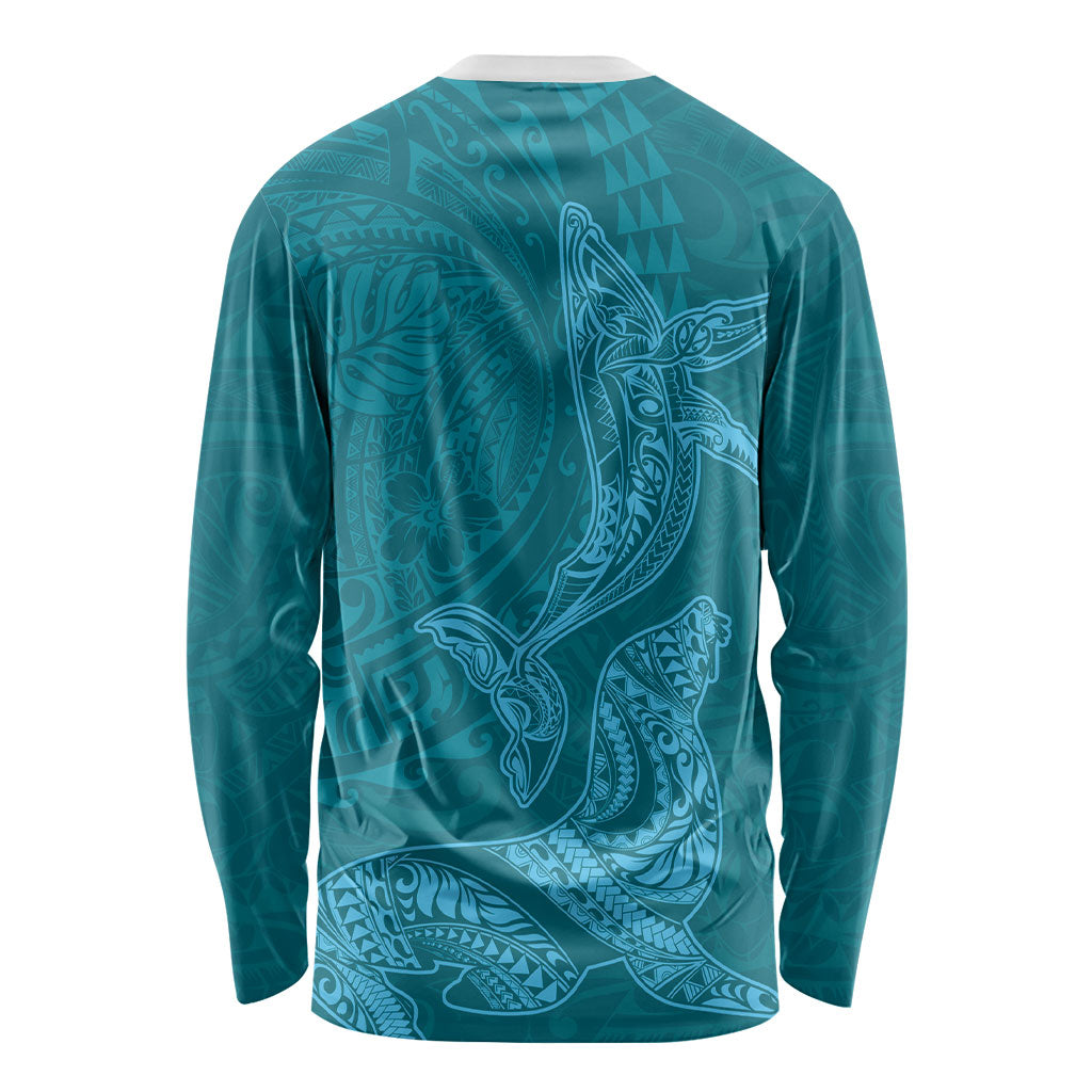 Hawaiian Monk Seal and Whale Long Sleeve Shirt Kakau Tribal Pattern Teal Color LT03 - Polynesian Pride