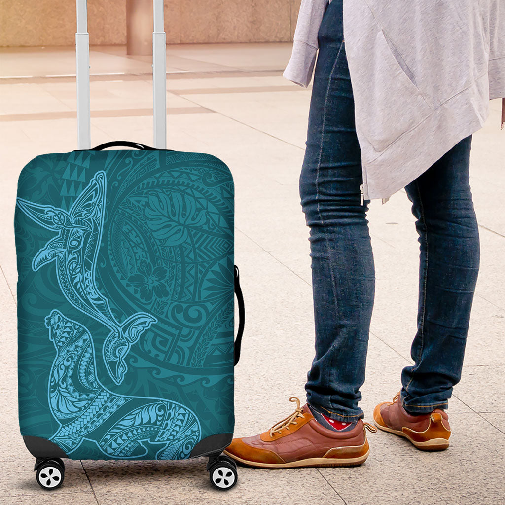 Hawaiian Monk Seal and Whale Luggage Cover Kakau Tribal Pattern Teal Color LT03 Teal - Polynesian Pride