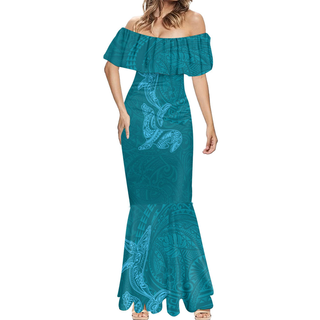 Hawaiian Monk Seal and Whale Mermaid Dress Kakau Tribal Pattern Teal Color LT03 - Polynesian Pride