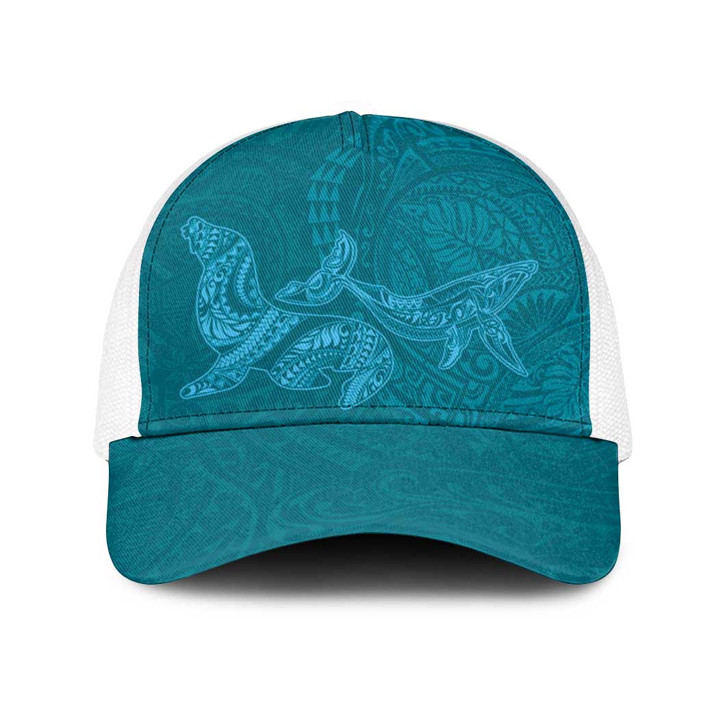 Hawaiian Monk Seal and Whale Mesh Trucker Cap Kakau Tribal Pattern Teal Color LT03 One Size White Teal - Polynesian Pride