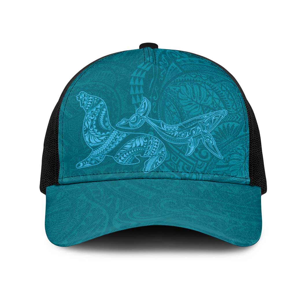 Hawaiian Monk Seal and Whale Mesh Trucker Cap Kakau Tribal Pattern Teal Color LT03 One Size Black Teal - Polynesian Pride