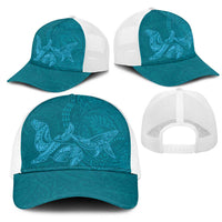 Hawaiian Monk Seal and Whale Mesh Trucker Cap Kakau Tribal Pattern Teal Color LT03 - Polynesian Pride