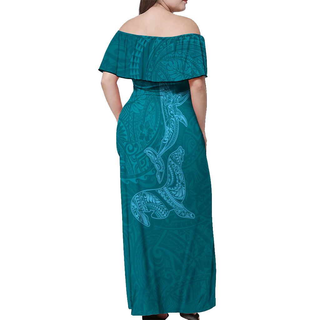 Hawaiian Monk Seal and Whale Off Shoulder Maxi Dress Kakau Tribal Pattern Teal Color LT03 - Polynesian Pride