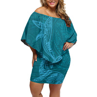 Hawaiian Monk Seal and Whale Off Shoulder Short Dress Kakau Tribal Pattern Teal Color
