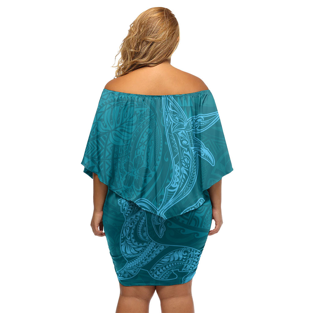 Hawaiian Monk Seal and Whale Off Shoulder Short Dress Kakau Tribal Pattern Teal Color