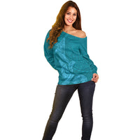 Hawaiian Monk Seal and Whale Off Shoulder Sweater Kakau Tribal Pattern Teal Color LT03 - Polynesian Pride