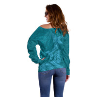 Hawaiian Monk Seal and Whale Off Shoulder Sweater Kakau Tribal Pattern Teal Color LT03 - Polynesian Pride
