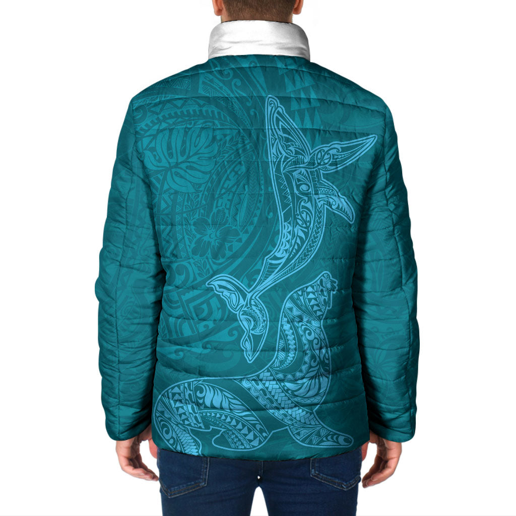 Hawaiian Monk Seal and Whale Padded Jacket Kakau Tribal Pattern Teal Color LT03 - Polynesian Pride