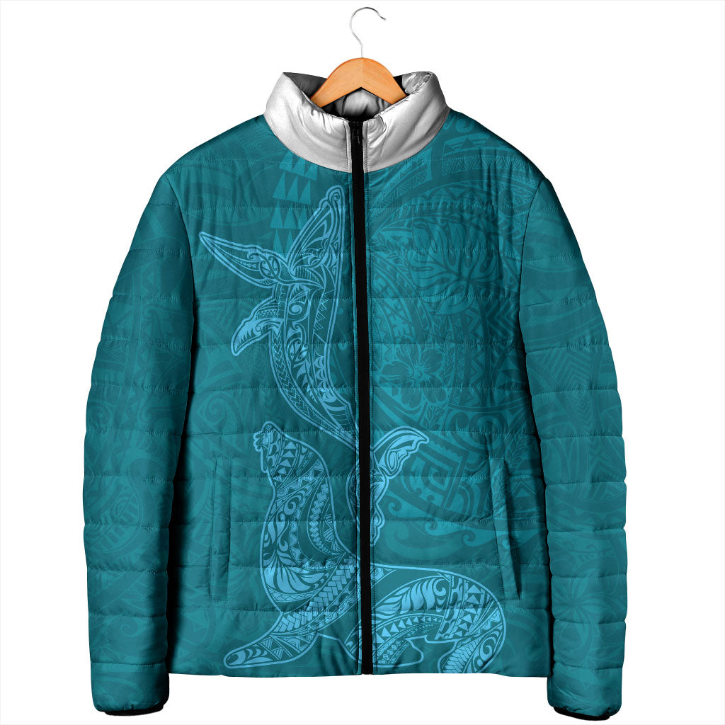 Hawaiian Monk Seal and Whale Padded Jacket Kakau Tribal Pattern Teal Color LT03 - Polynesian Pride