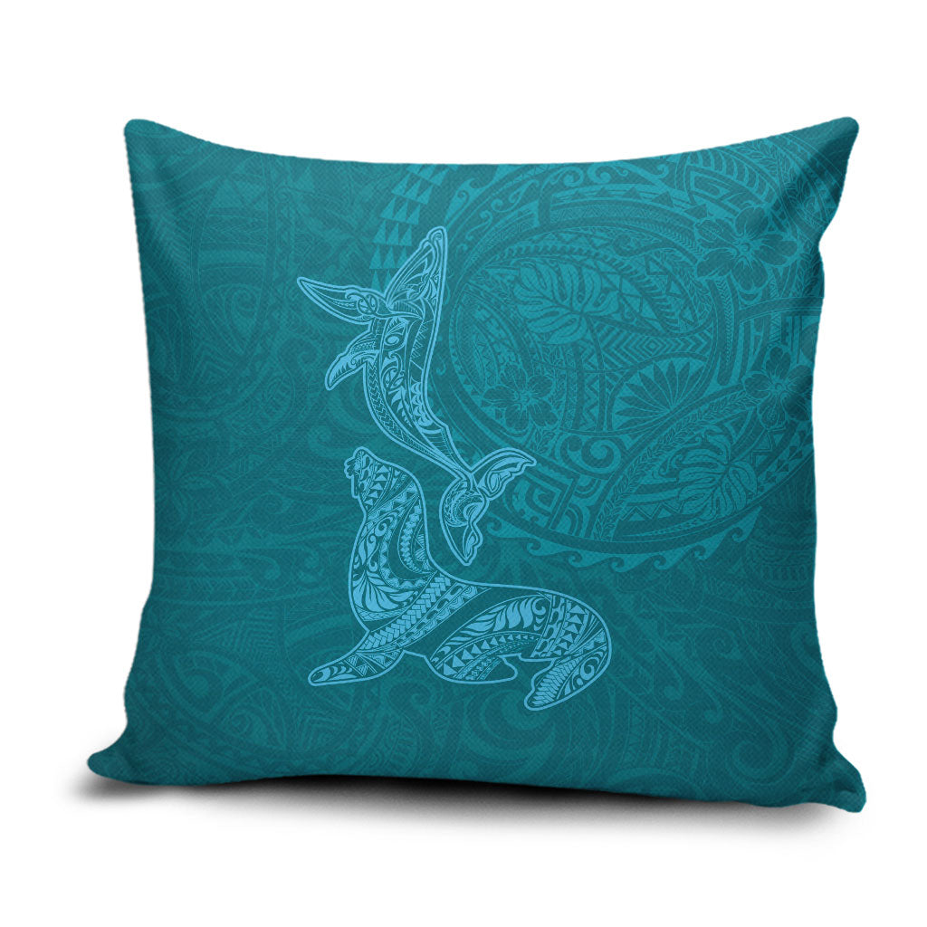 Hawaiian Monk Seal and Whale Pillow Cover Kakau Tribal Pattern Teal Color LT03 Teal - Polynesian Pride