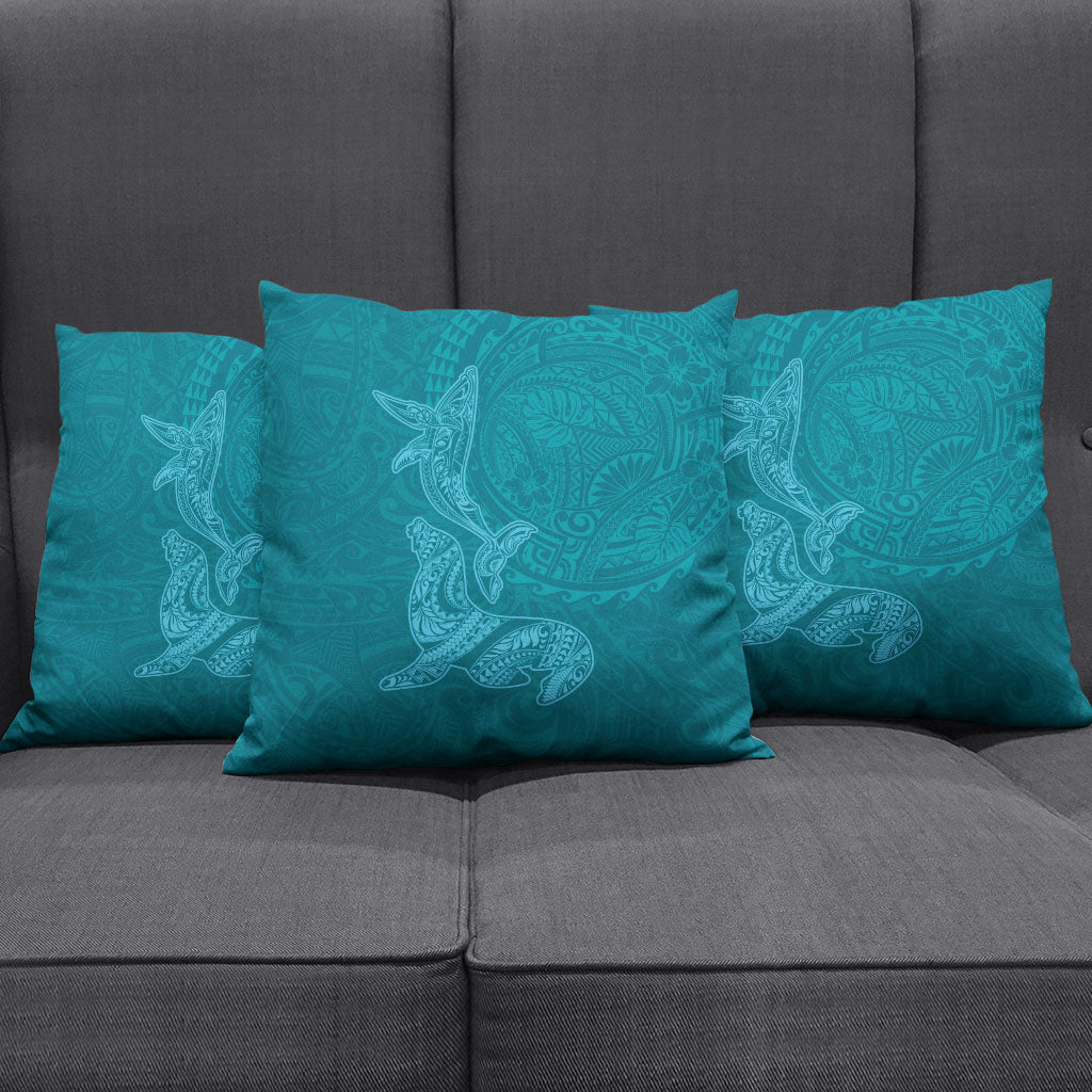 Hawaiian Monk Seal and Whale Pillow Cover Kakau Tribal Pattern Teal Color LT03 - Polynesian Pride