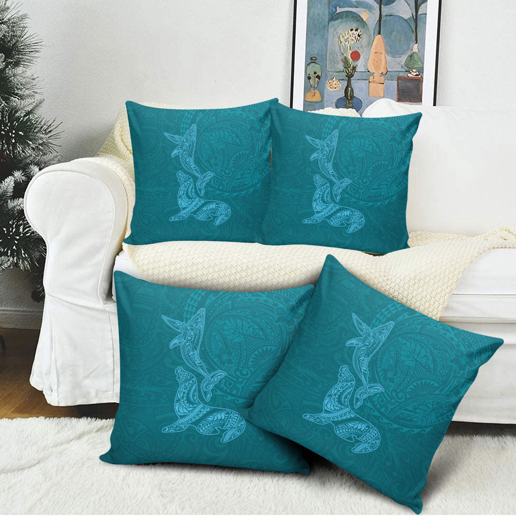 Hawaiian Monk Seal and Whale Pillow Cover Kakau Tribal Pattern Teal Color LT03 - Polynesian Pride