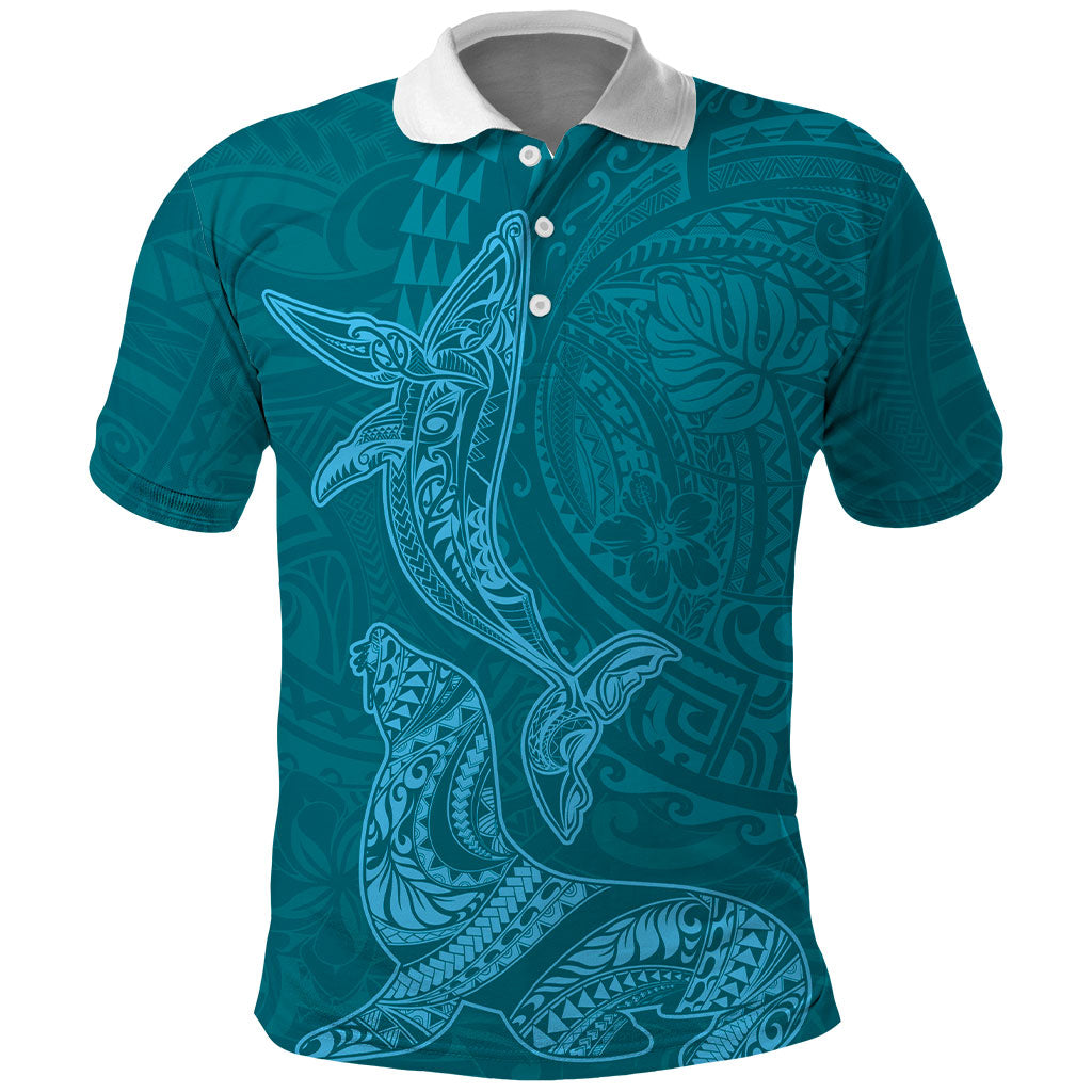 Hawaiian Monk Seal and Whale Polo Shirt Kakau Tribal Pattern Teal Color LT03 Teal - Polynesian Pride