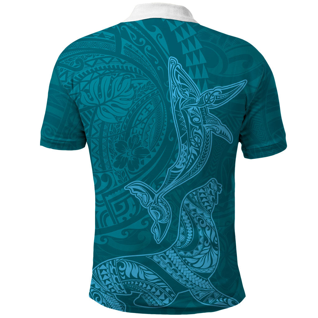 Hawaiian Monk Seal and Whale Polo Shirt Kakau Tribal Pattern Teal Color LT03 - Polynesian Pride