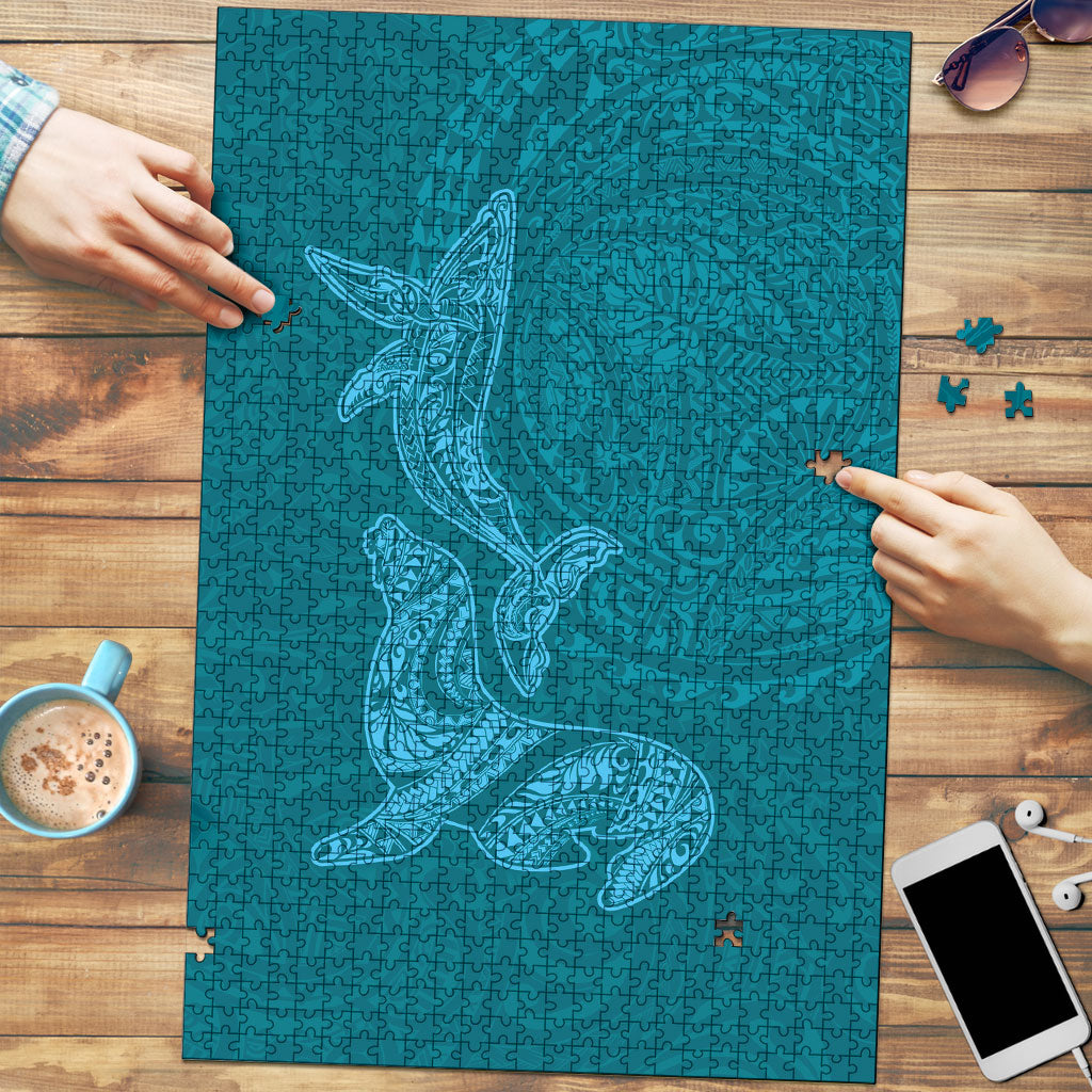 Hawaiian Monk Seal and Whale Puzzle Kakau Tribal Pattern Teal Color LT03 Teal - Polynesian Pride