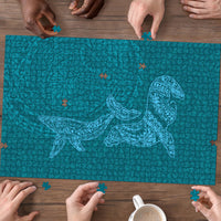 Hawaiian Monk Seal and Whale Puzzle Kakau Tribal Pattern Teal Color LT03 - Polynesian Pride