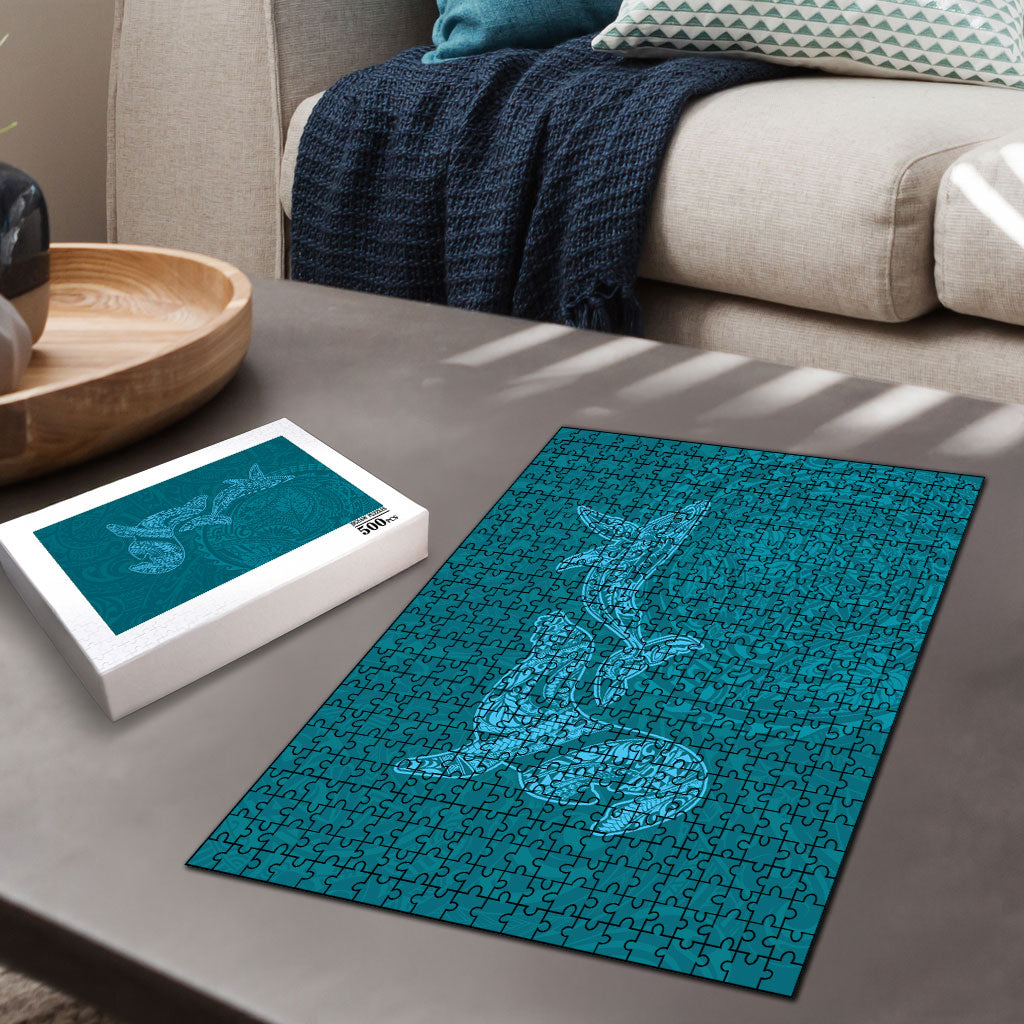 Hawaiian Monk Seal and Whale Puzzle Kakau Tribal Pattern Teal Color LT03 - Polynesian Pride