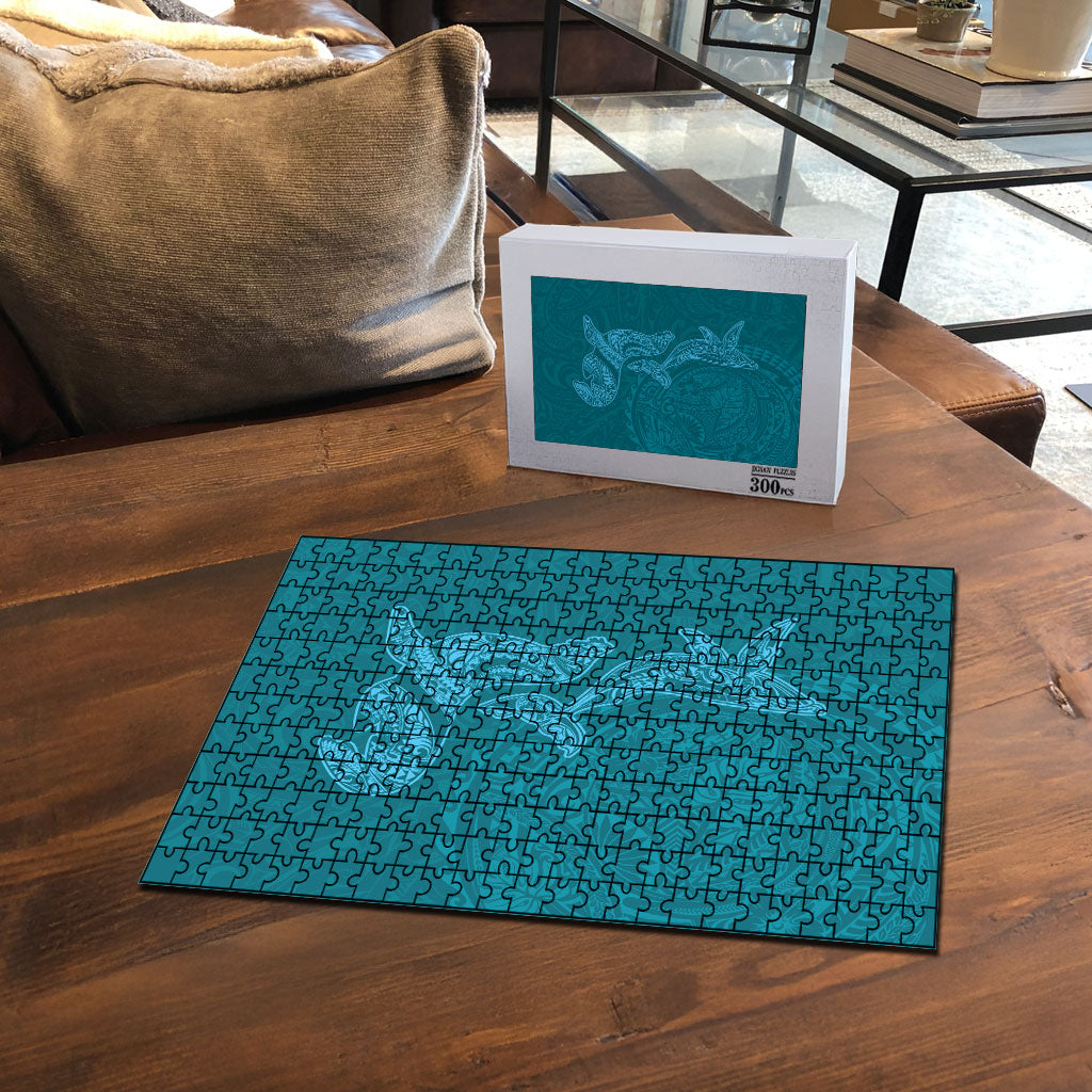 Hawaiian Monk Seal and Whale Puzzle Kakau Tribal Pattern Teal Color LT03 - Polynesian Pride
