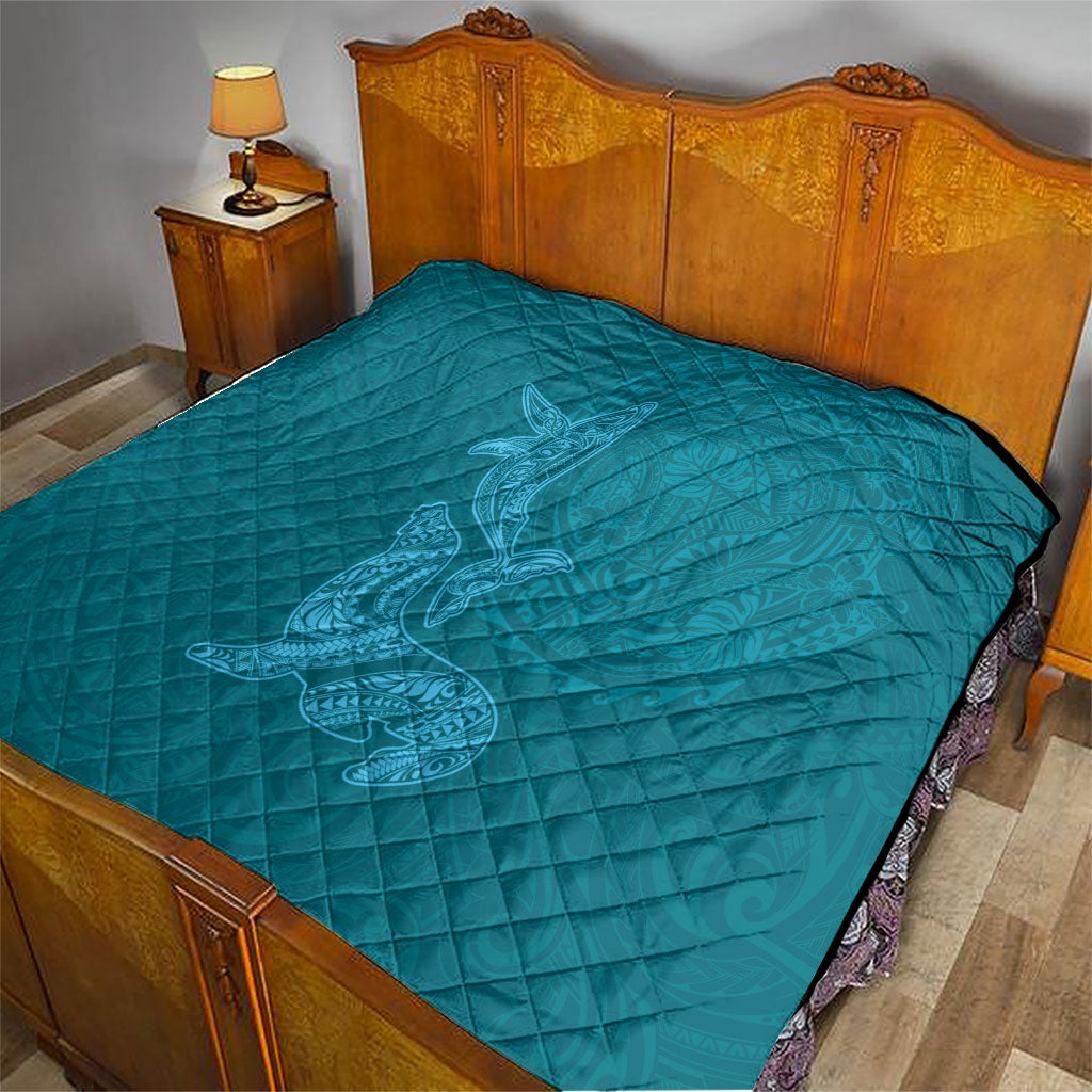 Hawaiian Monk Seal and Whale Quilt Kakau Tribal Pattern Teal Color LT03 - Polynesian Pride