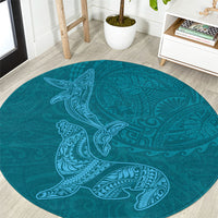 Hawaiian Monk Seal and Whale Round Carpet Kakau Tribal Pattern Teal Color