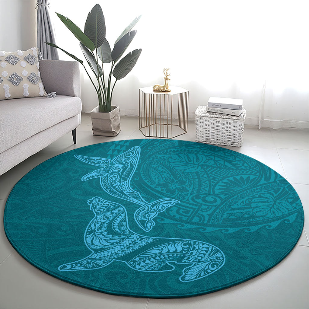 Hawaiian Monk Seal and Whale Round Carpet Kakau Tribal Pattern Teal Color